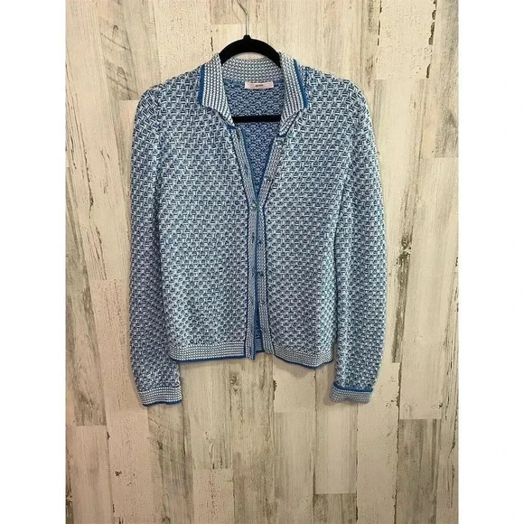 Leggiadro Women's Blue Herringbone‎ Cardigan Sweater Size L - Picture 1 of 11